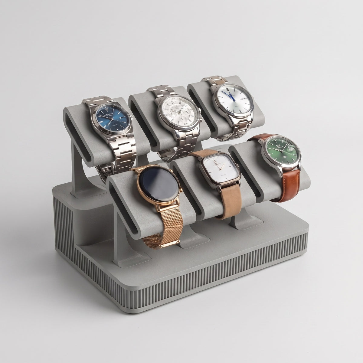 Display Rack Summit in Stone grey holding six watches