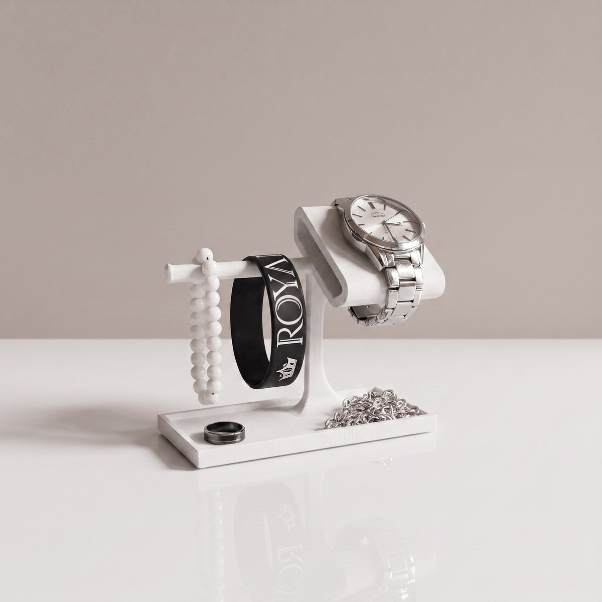 Valet Tray watch stand and jewellery organiser in Ceramic white with a watch, a bracelet and a ring tray