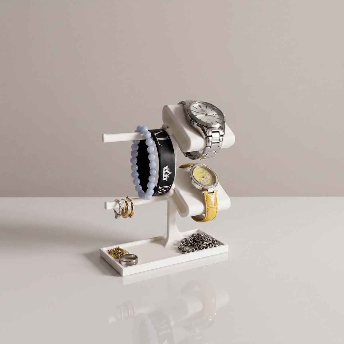 Valet Tray Duo two-tier watch stand and jewellery organiser in Ceramic white with two watches, a bracelet and a ring tray