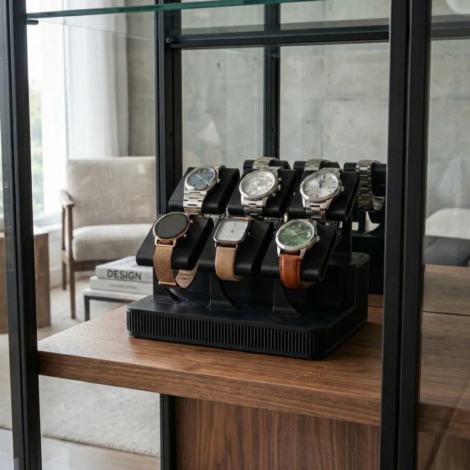 Artisan hand post-processing a matte espresso watch stand, natural daylight