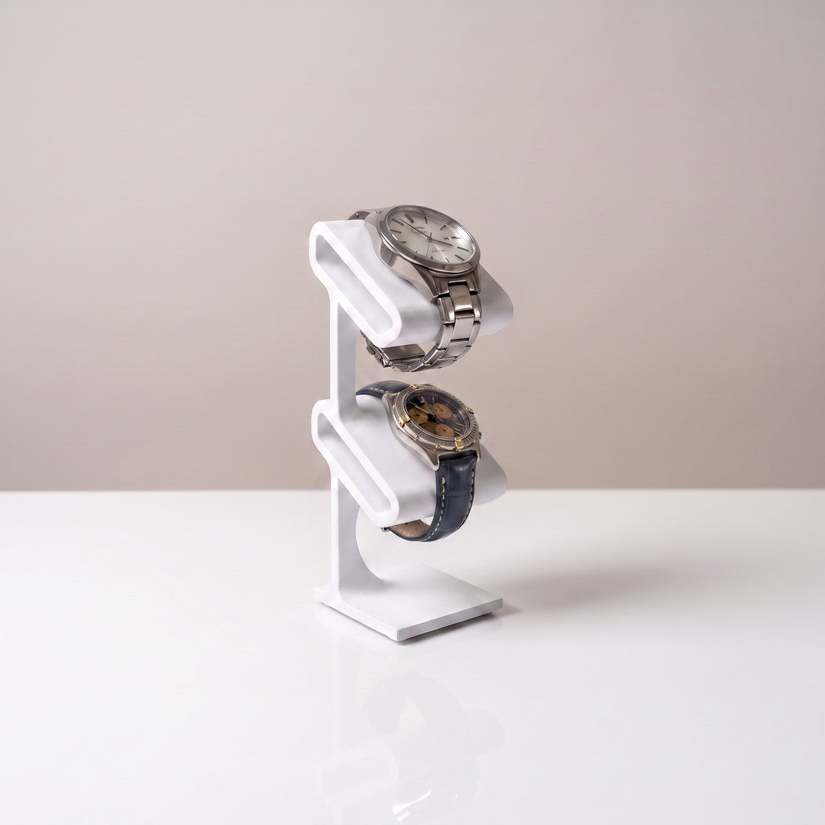 Duo two-tier watch stand in Ceramic white holding two watches