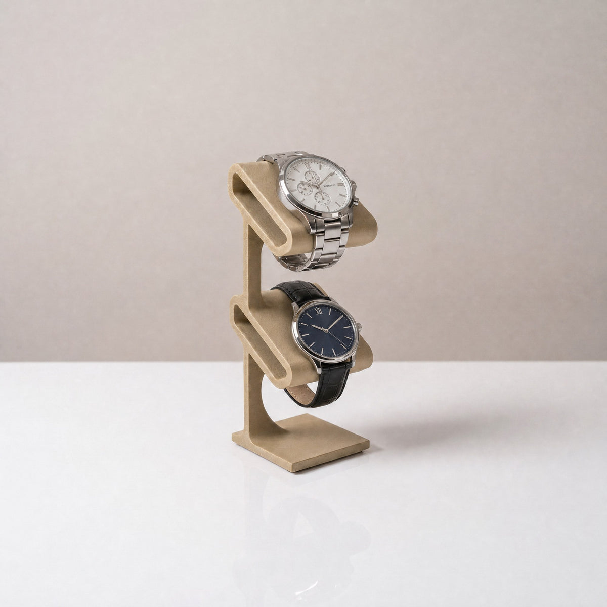 Duo two-tier watch stand in Olive holding two watches