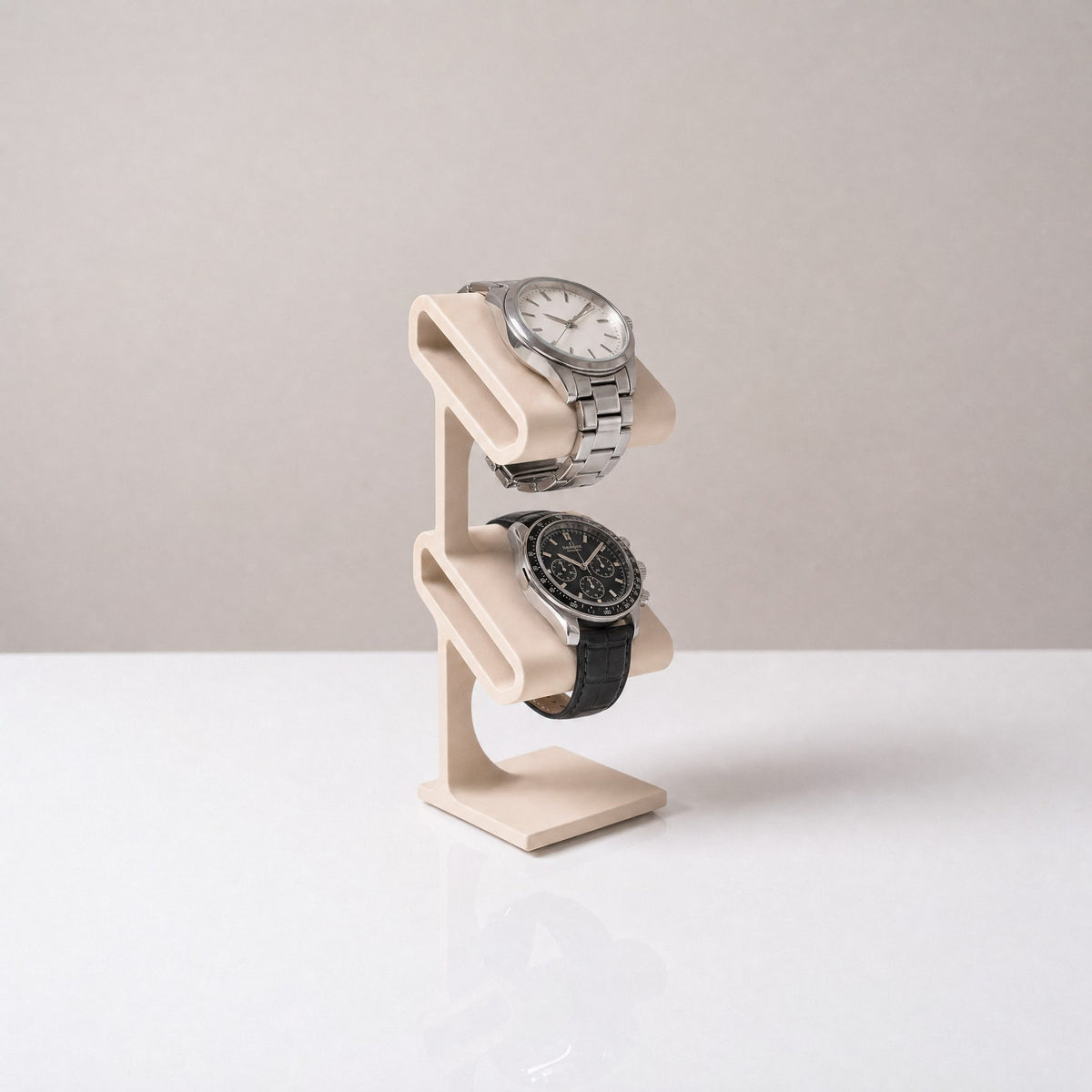Duo two-tier watch stand in Sand beige holding two watches