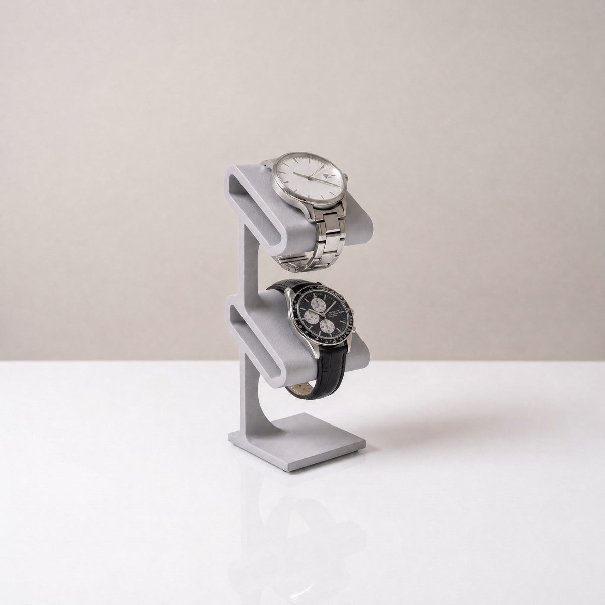 Duo two-tier watch stand in Stone grey holding two watches
