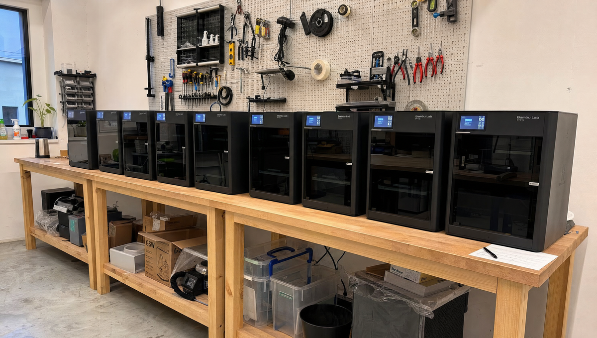 Eight enclosed 3D printers in a row on a long wooden bench in the studio