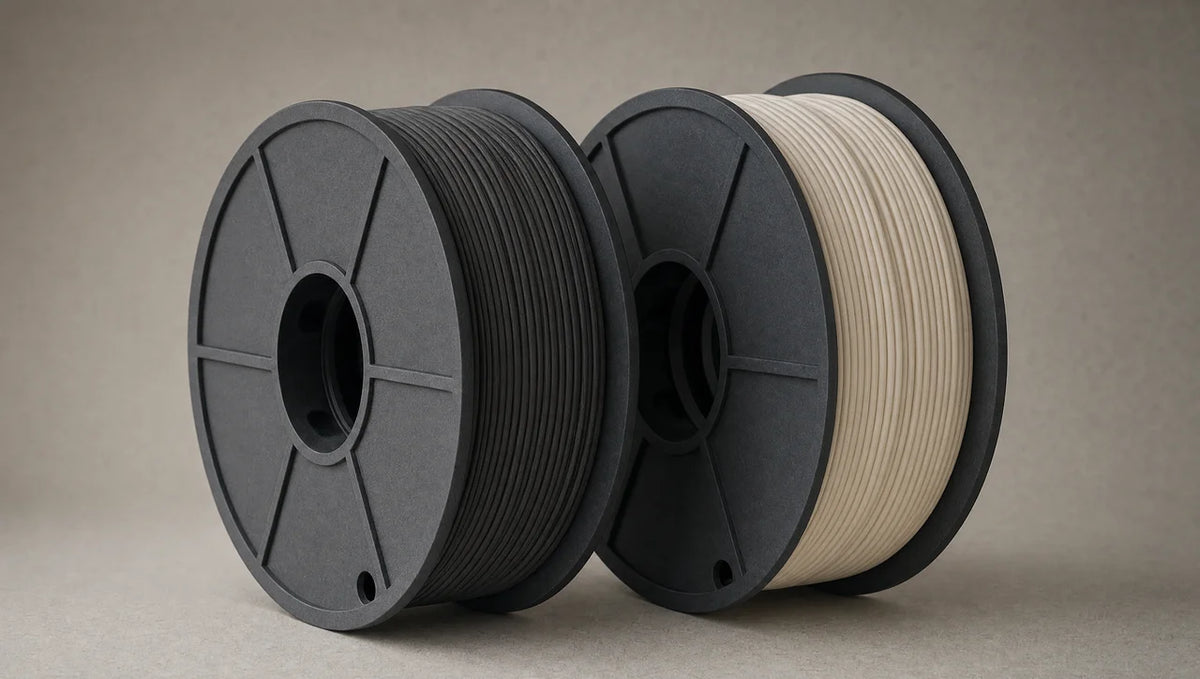 Two spools of matte PLA filament, one graphite black and one bone white, side by side