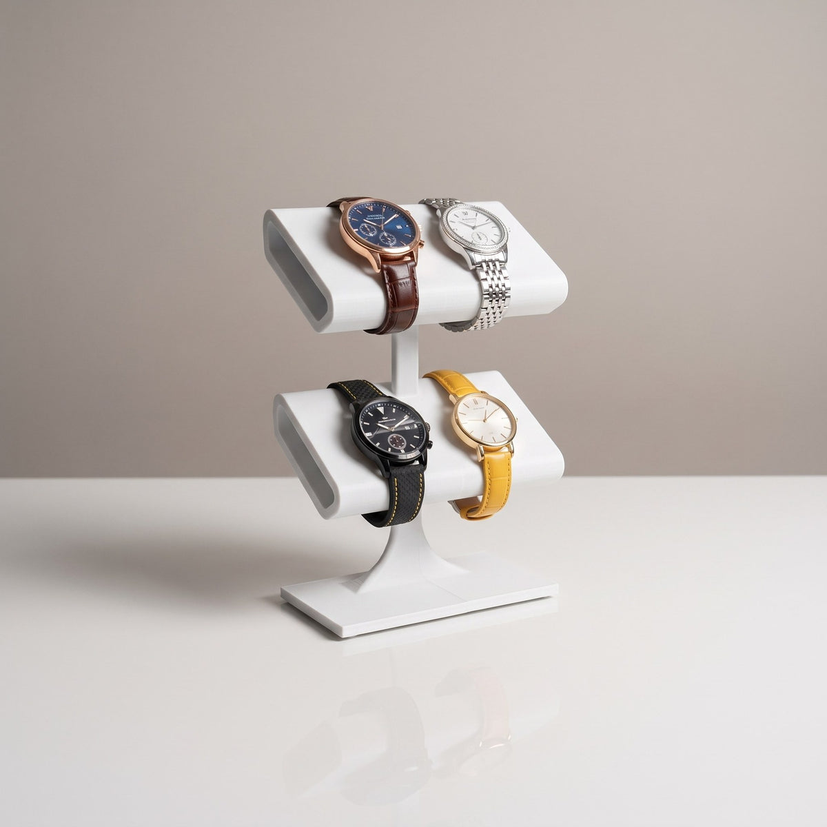 Quatro watch display stand in Ceramic white holding four watches