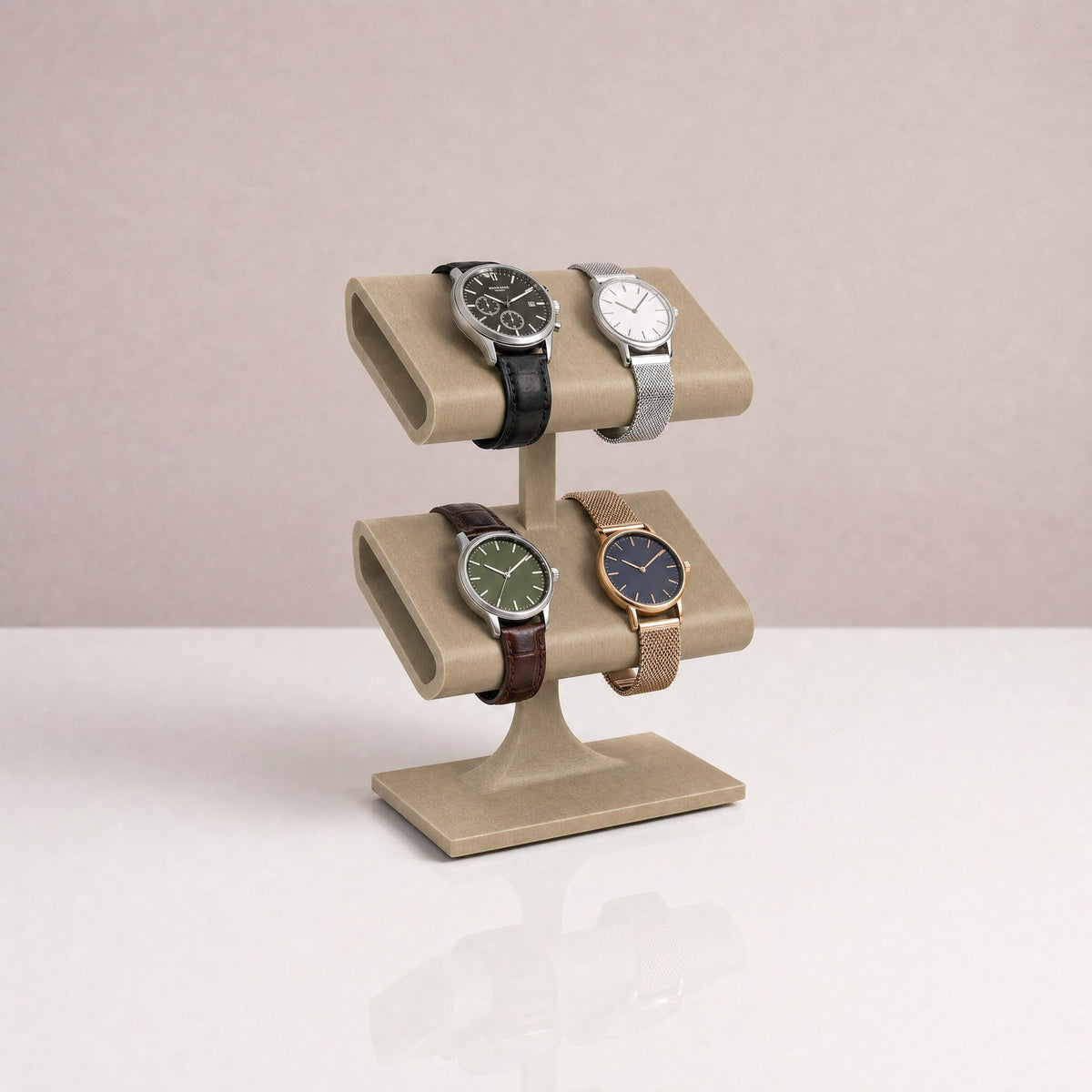 Quatro watch display stand in Olive holding four watches