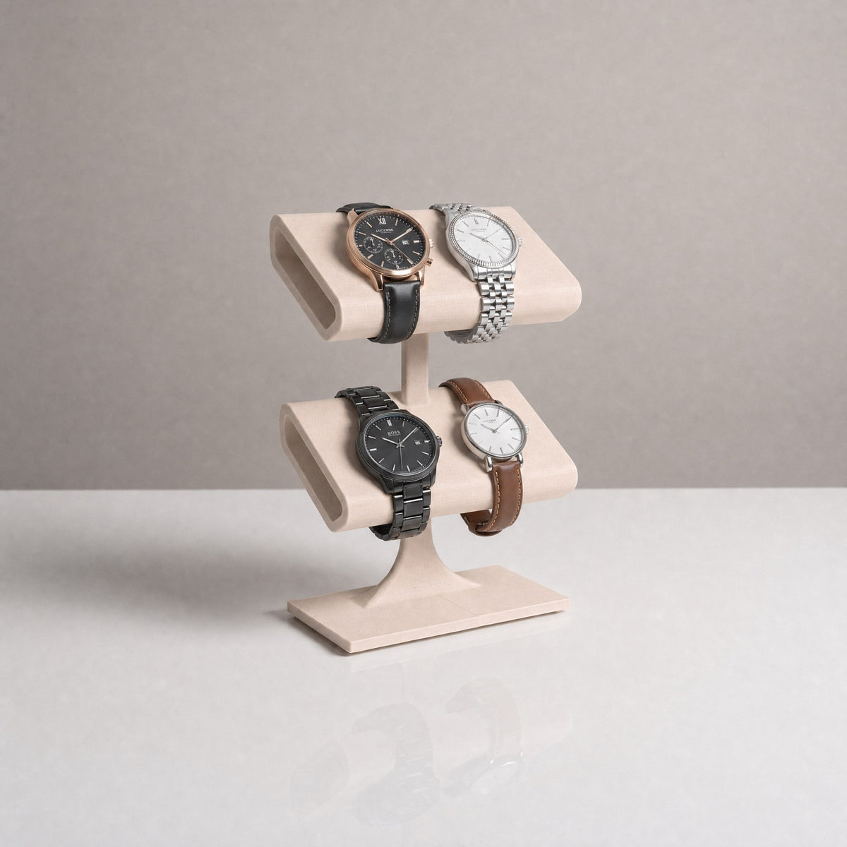 Quatro watch display stand in Sand beige holding four watches