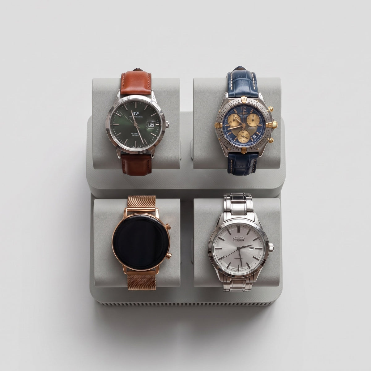 Display Rack Four in Stone grey holding four watches