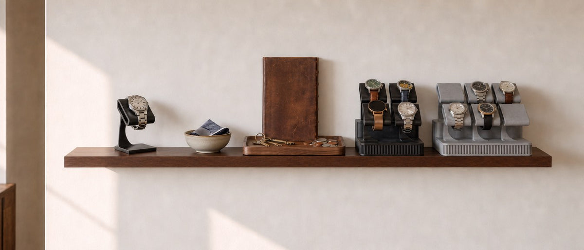 The full collector shelf: Solitaire, valet tray, ceramic bowl, Quatro and a six-watch Display Rack.