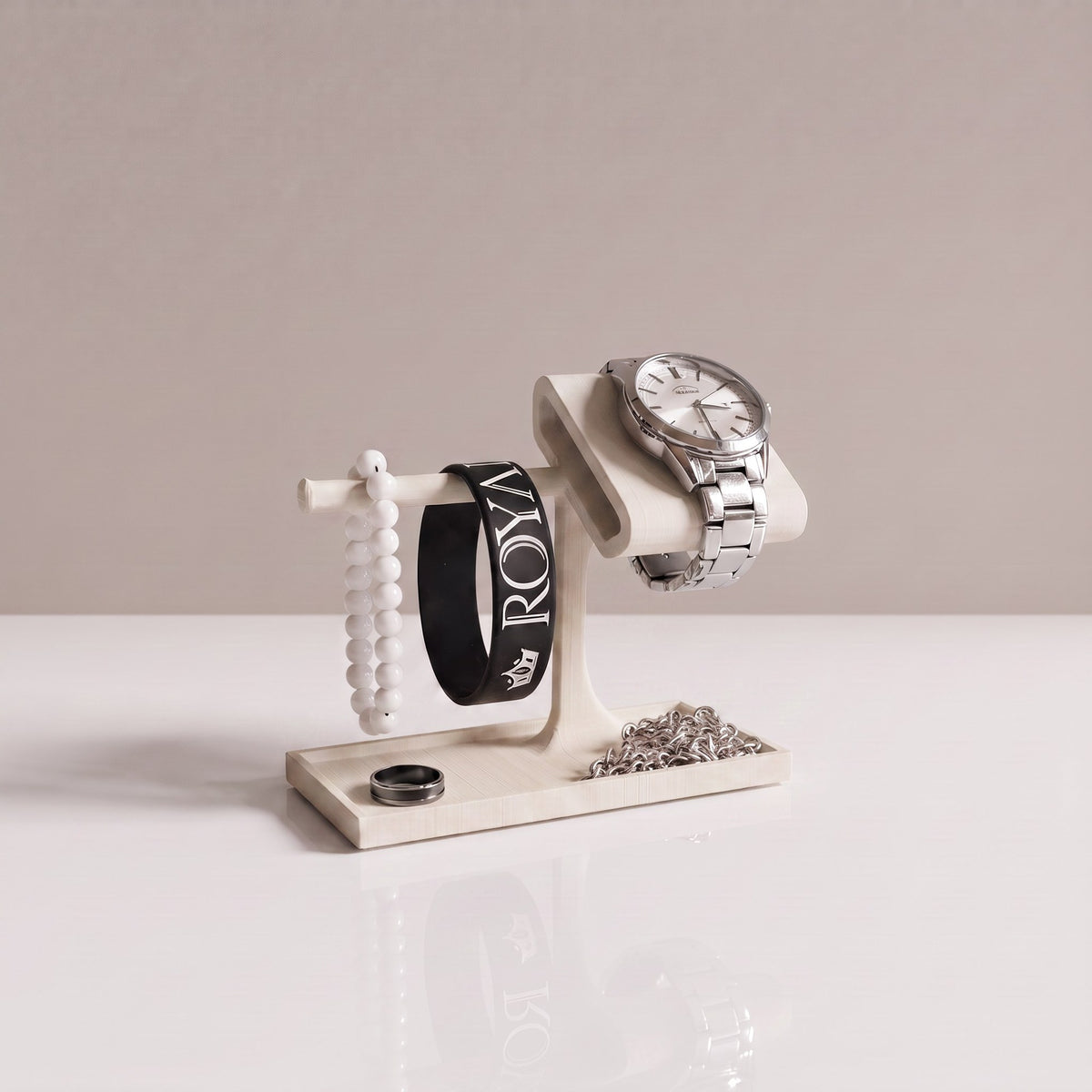 Valet Tray watch stand and jewellery organiser in Sand beige with a watch, a bracelet and a ring tray