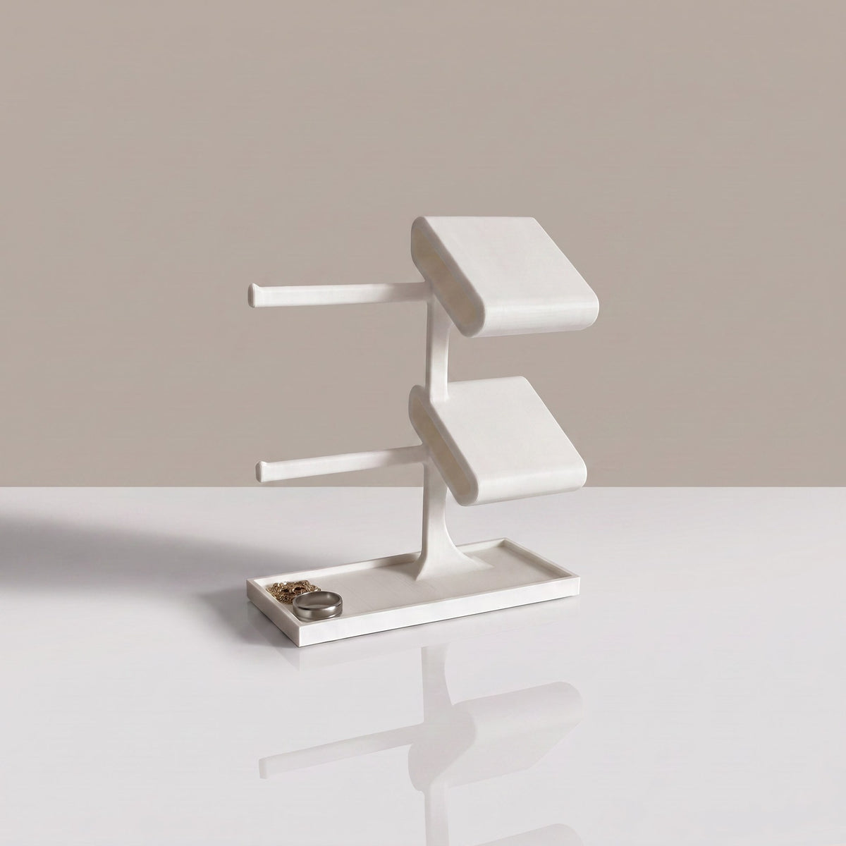 Valet Tray Duo two-tier watch stand and jewellery organiser in Ceramic white, empty