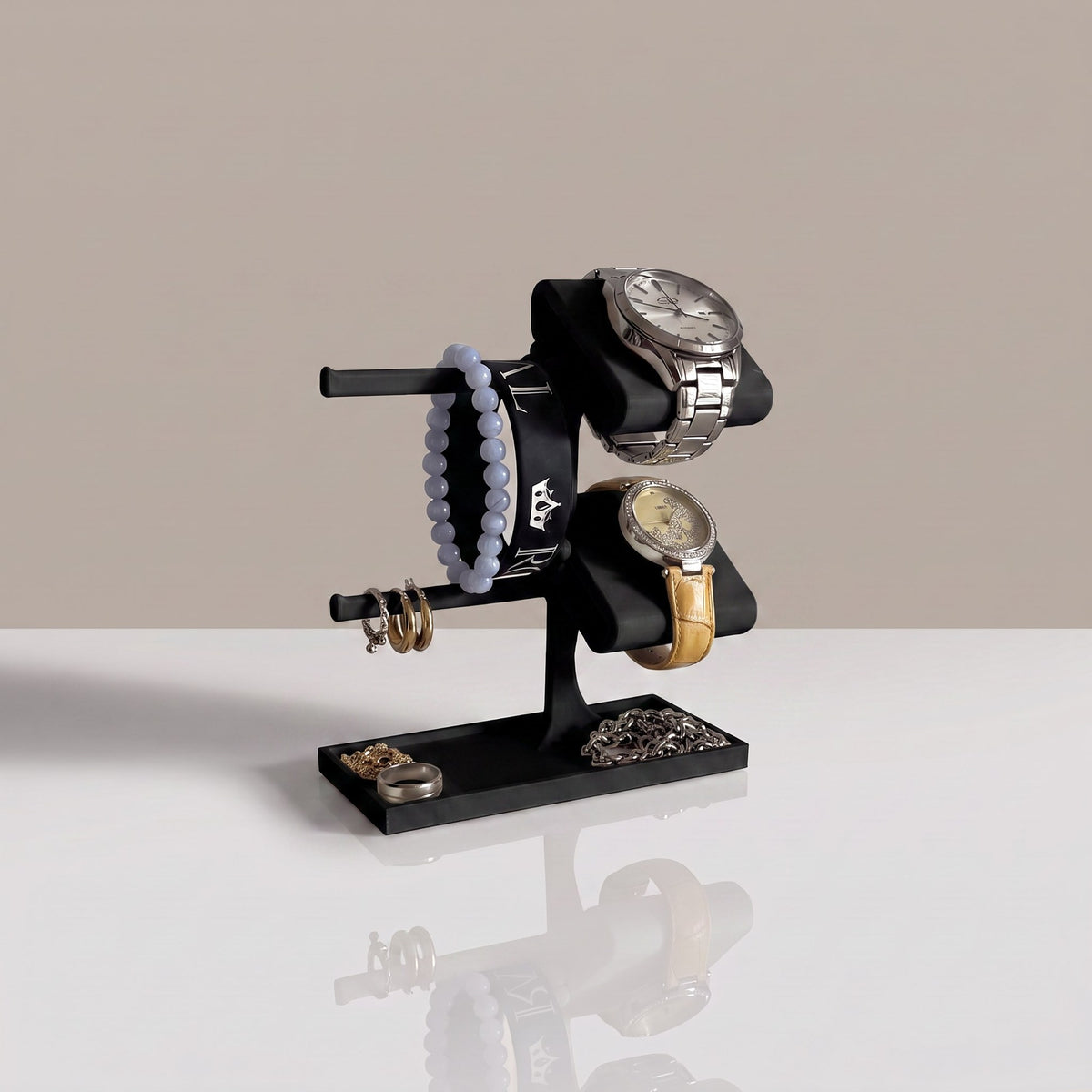 Valet Tray Duo two-tier watch stand and jewellery organiser in Graphite with two watches, a bracelet and a ring tray
